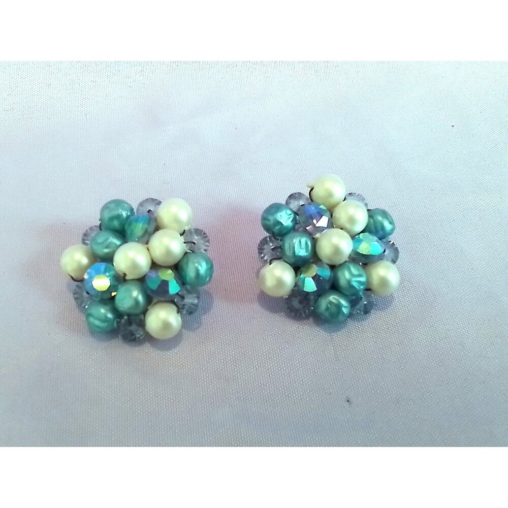 Vintage Cluster Clip-On Earrings with Faux Pearls & Blue Beads